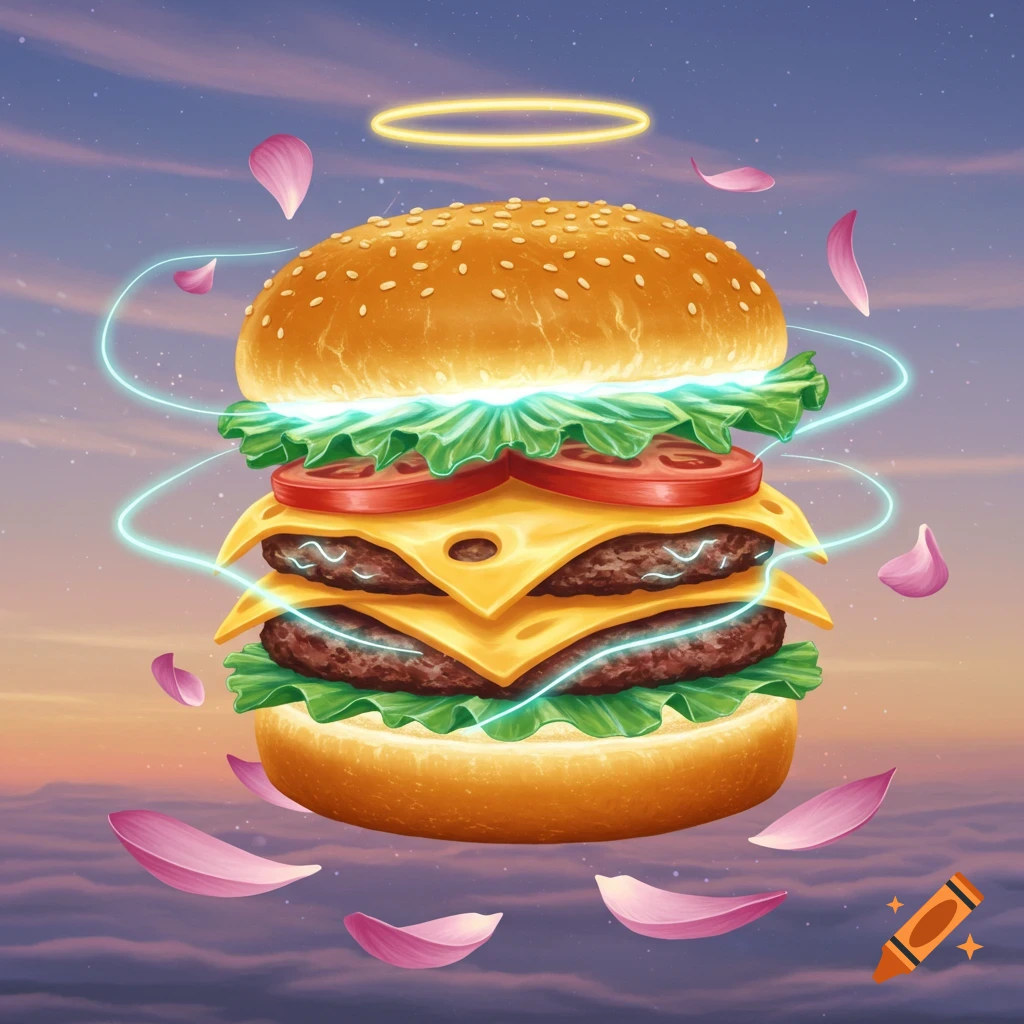 A mystical double cheeseburger with lettuce and tomato floats in a cloudy sky, encircled by glowing blue energy and a golden halo, with pink petals.