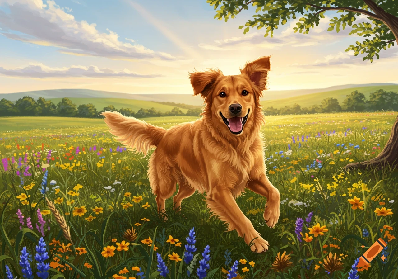 A happy golden retriever dog runs through a colorful wildflower field under a sunny sky with a subtle rainbow, in an illustrative style.