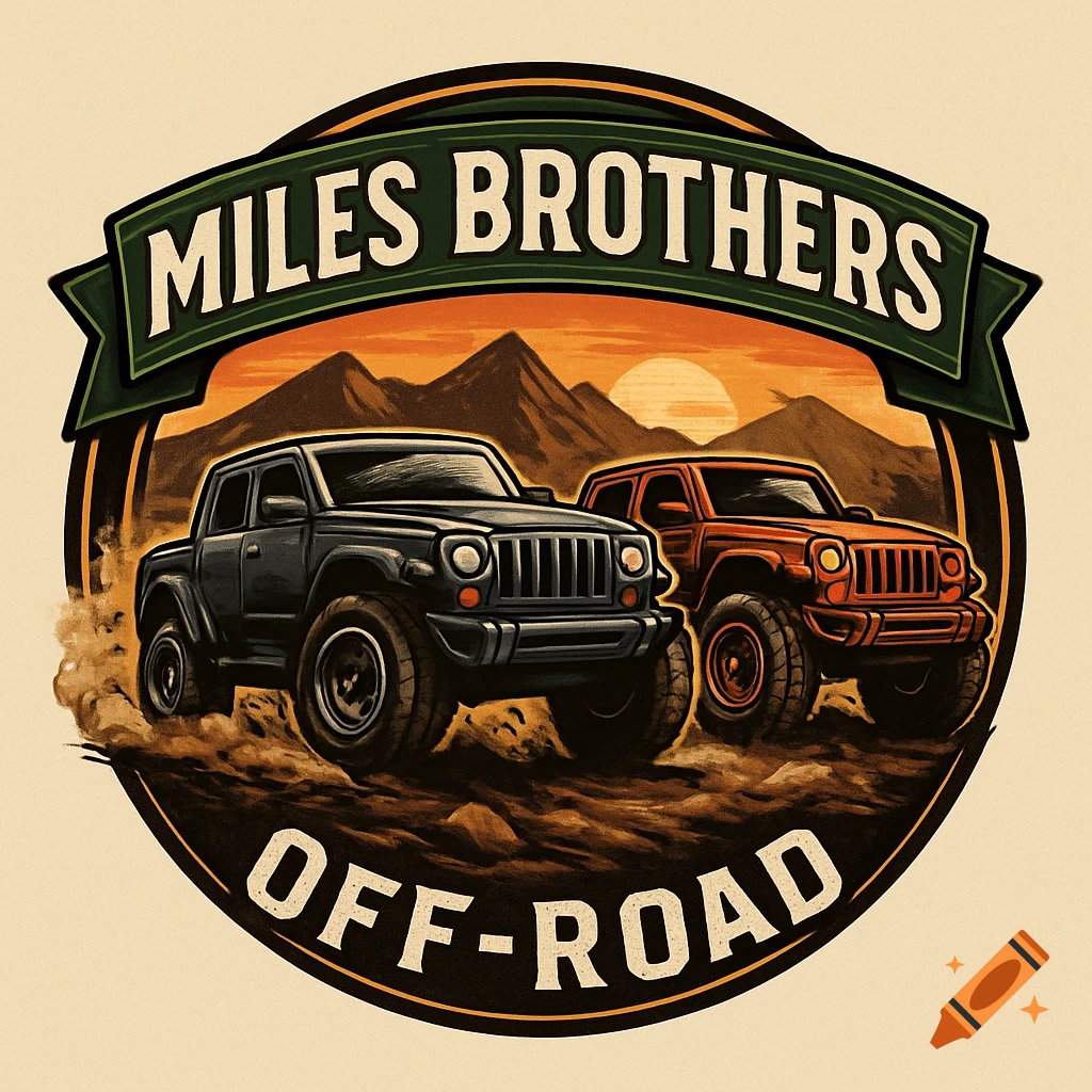 A rustic-style logo illustration featuring two off-road vehicles driving on dirt, with mountains and a sunset in the background. The text "MILES BROTHERS" is on a banner above and "OFF-ROAD" below.