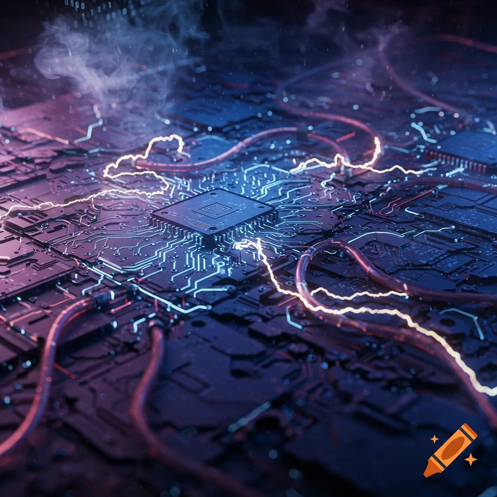 A close-up, abstract image of a dark circuit board with glowing blue pathways, a central processor chip, and vibrant red electrical currents flowing around wires.