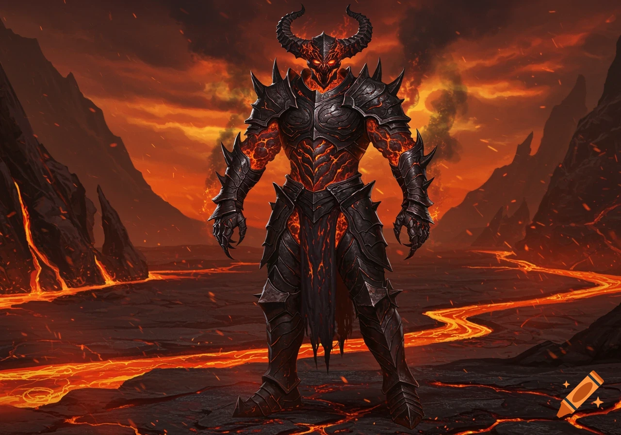 A dark lord demon in spiked black armor, with a body of molten lava, stands in a volcanic landscape with rivers of flowing lava.