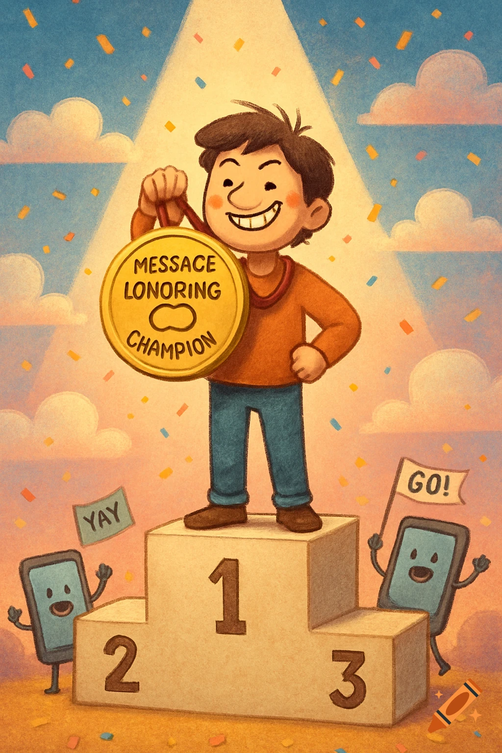 A cartoon boy stands on a gold medal podium, holding a gold medal that says "MESSACE LONORING CHAMPION." Confetti falls around him. Two animated smartphones are next to the podium, one holding a "YAY" sign and the other a "GO!" flag.