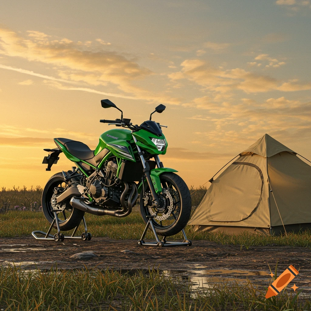 A green Kawasaki motorcycle on stands next to a beige tent in a grassy field at sunset. Photorealistic.