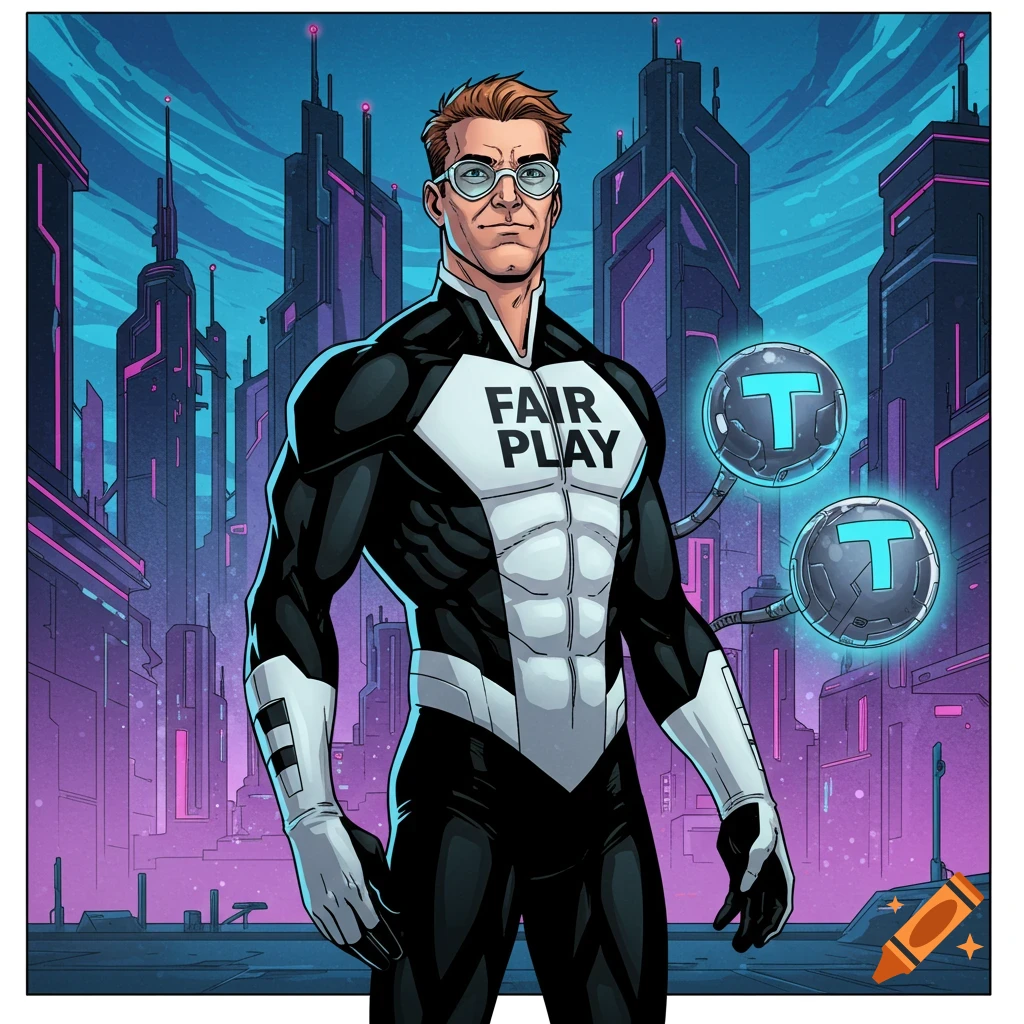 A comic book style image of a superhero in a black and white suit with 'FAIR PLAY' on his chest, standing in a futuristic city.