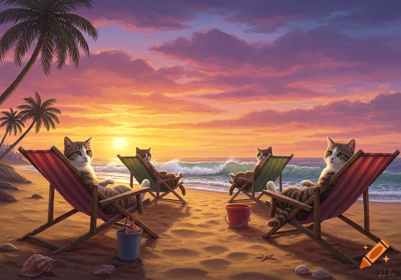 Four cats lounging in colorful deck chairs on a sandy beach at sunset. Palm trees are visible on the left, and ocean waves crash in the background under a vibrant sky.