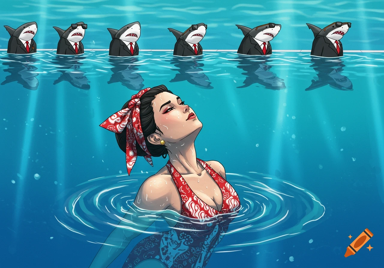 Illustration of a woman swimming in a pool with several sharks in suits observing from the background.