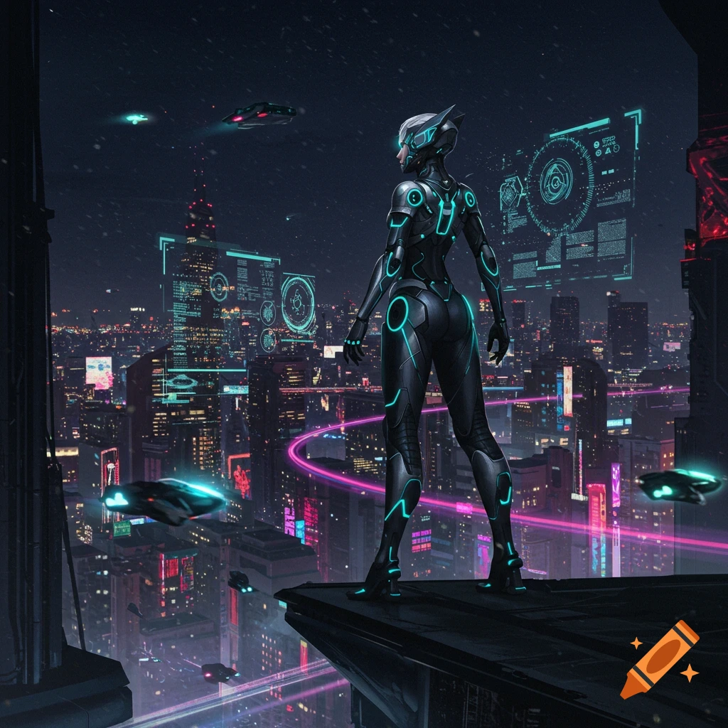 A futuristic heroine in a black and teal suit stands on a skyscraper overlooking a neon-lit cyberpunk city at night with flying vehicles.
