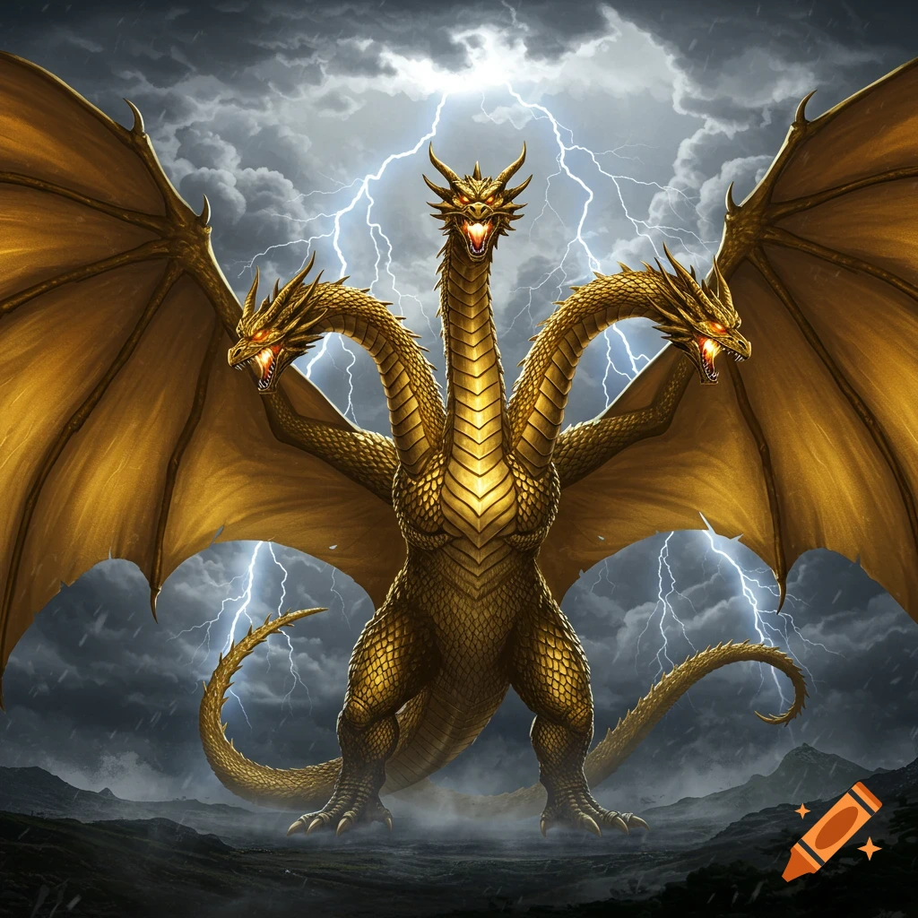 A colossal three-headed golden King Ghidorah with large wings stands under a stormy sky with lightning bolts striking around it.