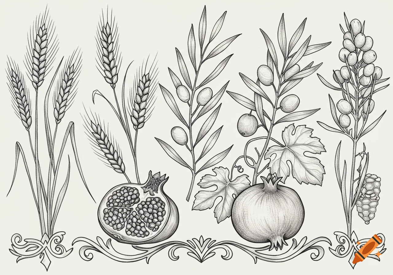 Fine line black ink drawing of wheat, olives, pomegranates, and grapes with decorative borders.