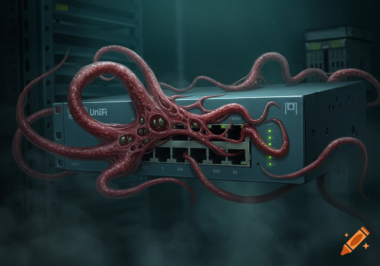 A grey network switch is enveloped by grotesque red tentacles with multiple eyes, in a dark, ominous server room setting.