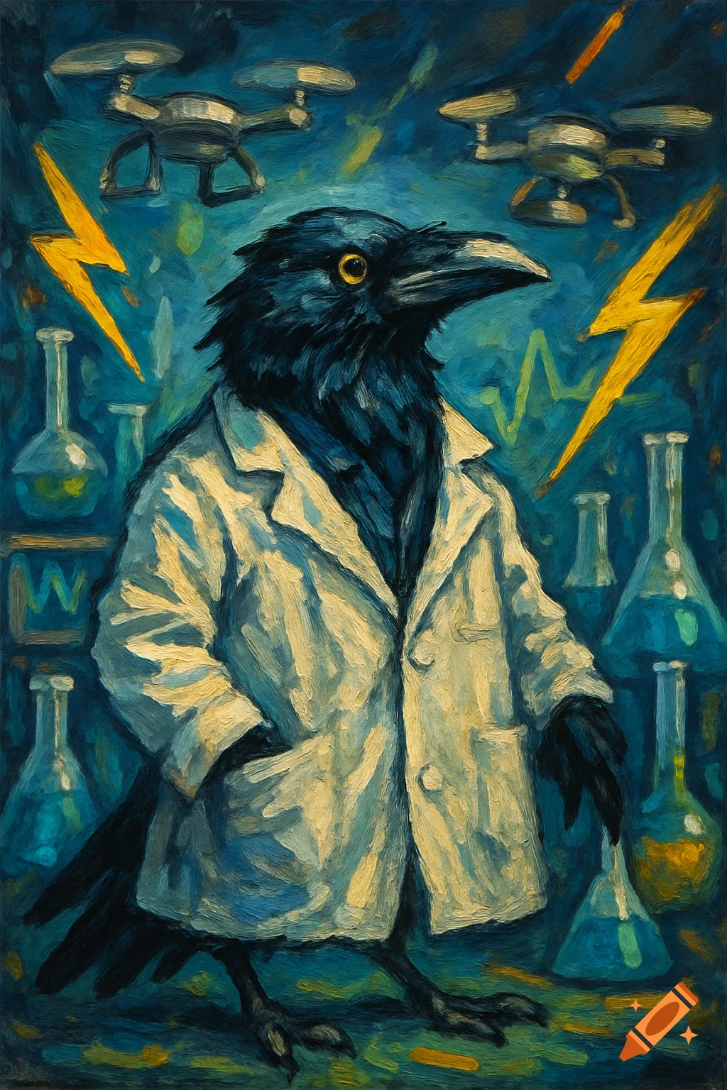 An impressionistic painting of a black crow in a white lab coat, surrounded by beakers, drones, and lightning bolts.