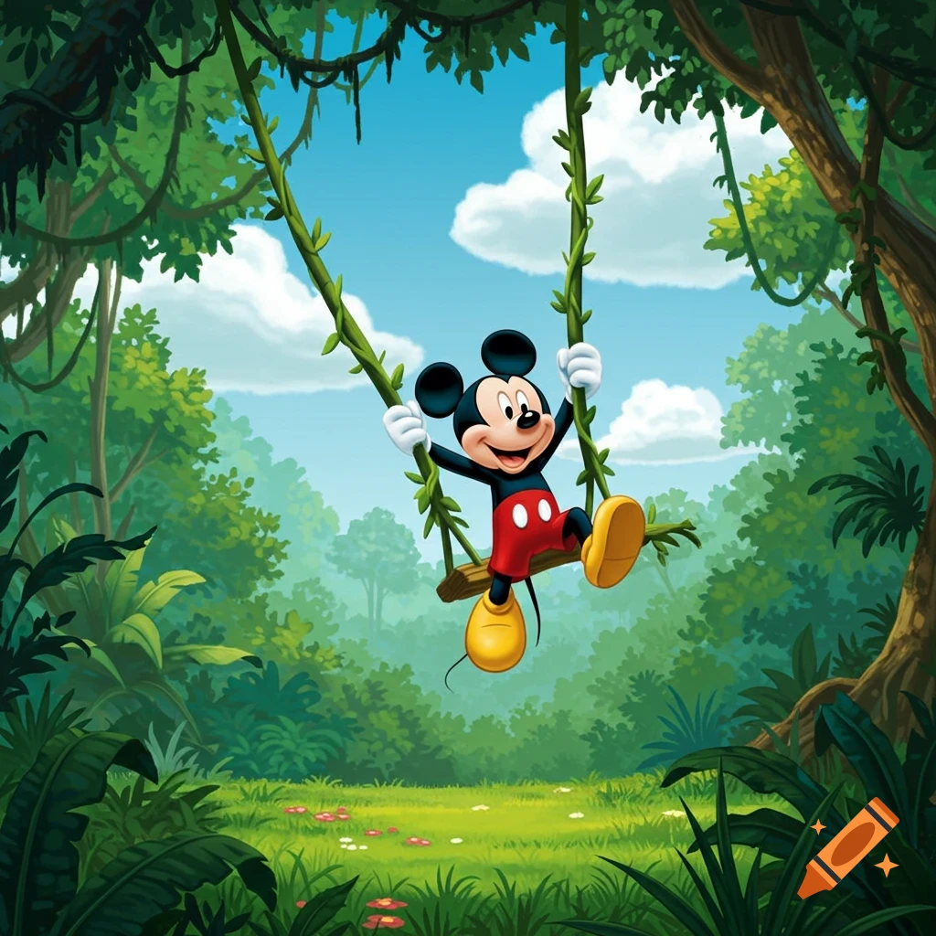 Mickey Mouse swings joyfully on a vine through a lush green jungle with a clear blue sky and clouds above. Illustration style.