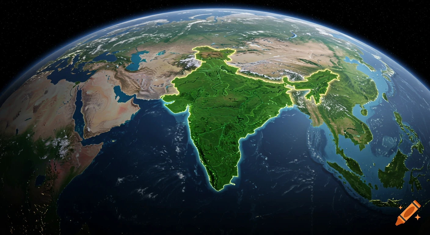 3D rendering of Earth from space, showing the Indian subcontinent highlighted in green with expanded borders, against a starry background.