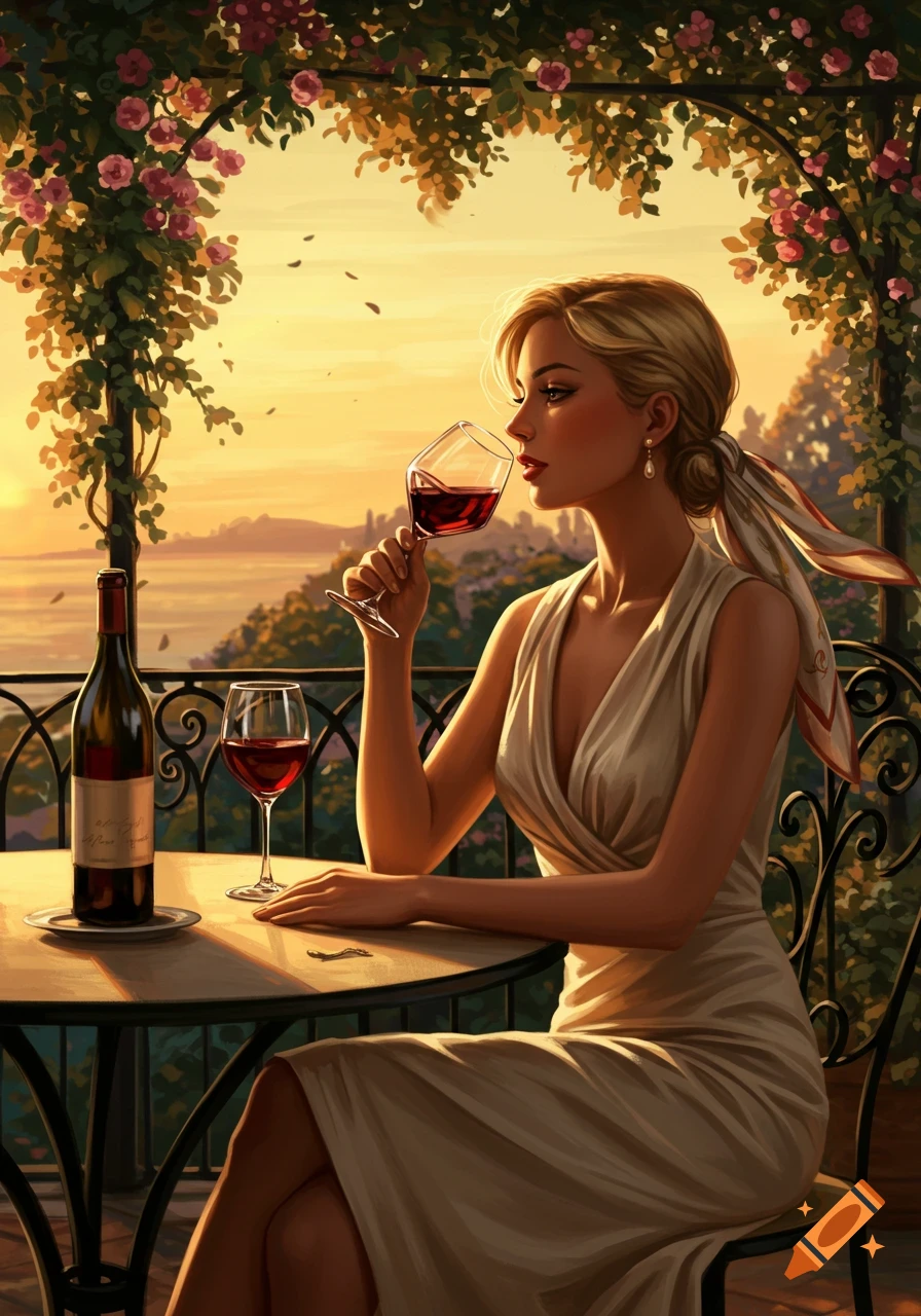 A woman sips red wine at a table on a balcony overlooking a sunset landscape, in an illustrative painting style.