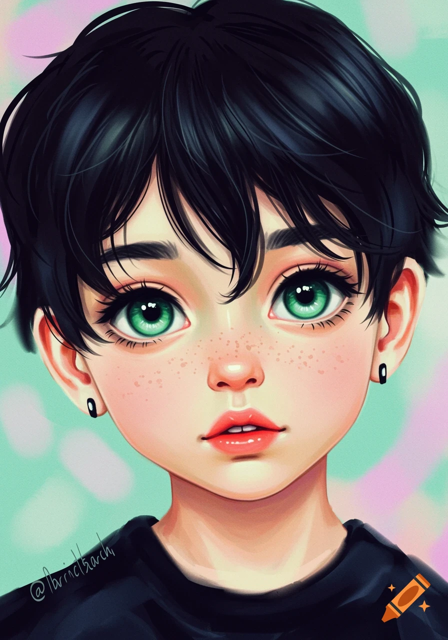 Digital art portrait of a young person with short black hair, large green eyes, and freckles, wearing a black shirt.
