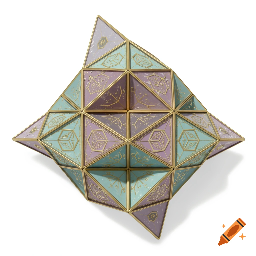 A complex geometric shape, like a flextangle, composed of purple and teal triangular segments with gold outlines and intricate golden patterns, on a white background.