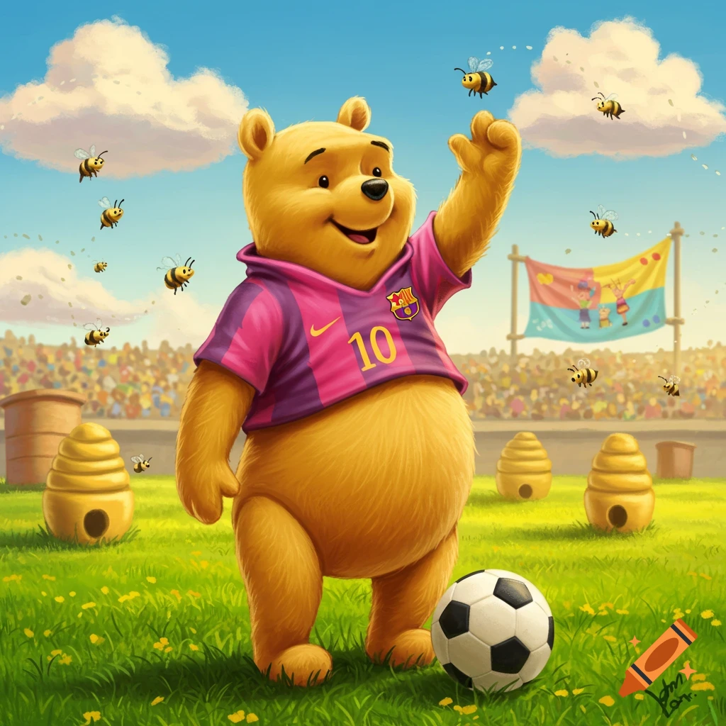 Winnie the Pooh in a pink and purple soccer jersey with the number 10, standing on a green field next to a soccer ball with bees flying around.