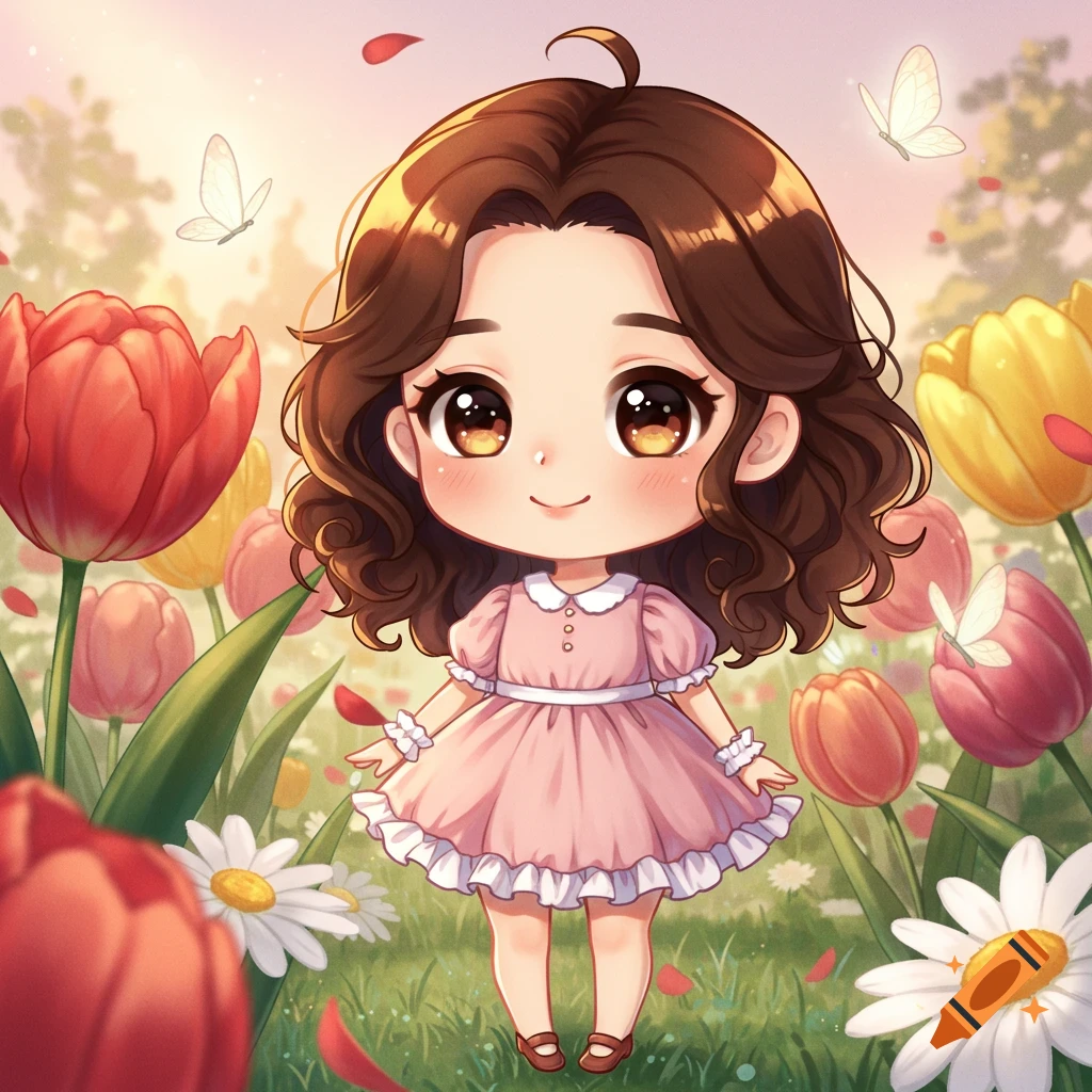 A cute chibi girl with brown hair and a pink dress stands in a field of colorful tulips and daisies with butterflies.
