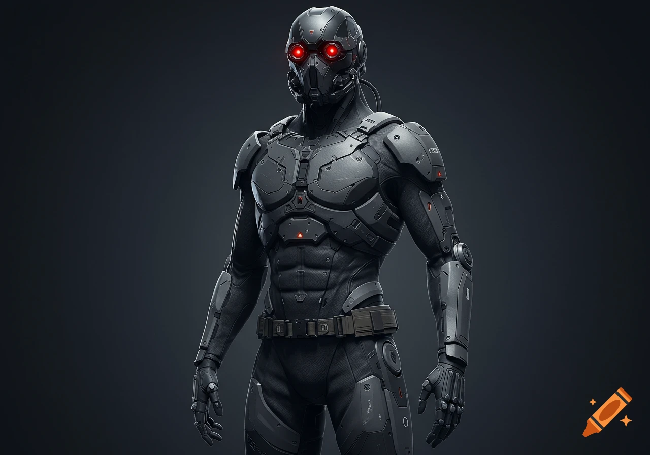 A detailed 3D render of a dark gray futuristic robot or cyborg in armor with glowing red eyes against a dark background.