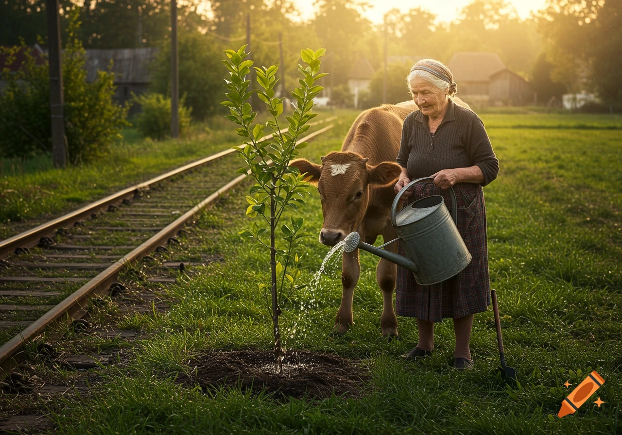An old woman and a cow watering a young tree next to railway tracks in a rural setting during golden hour.
