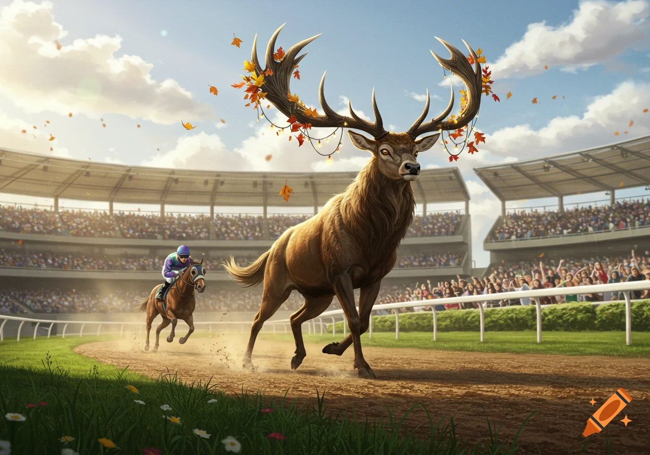 A photorealistic image of a large stag with autumn-decorated antlers winning a horse race in a crowded stadium.