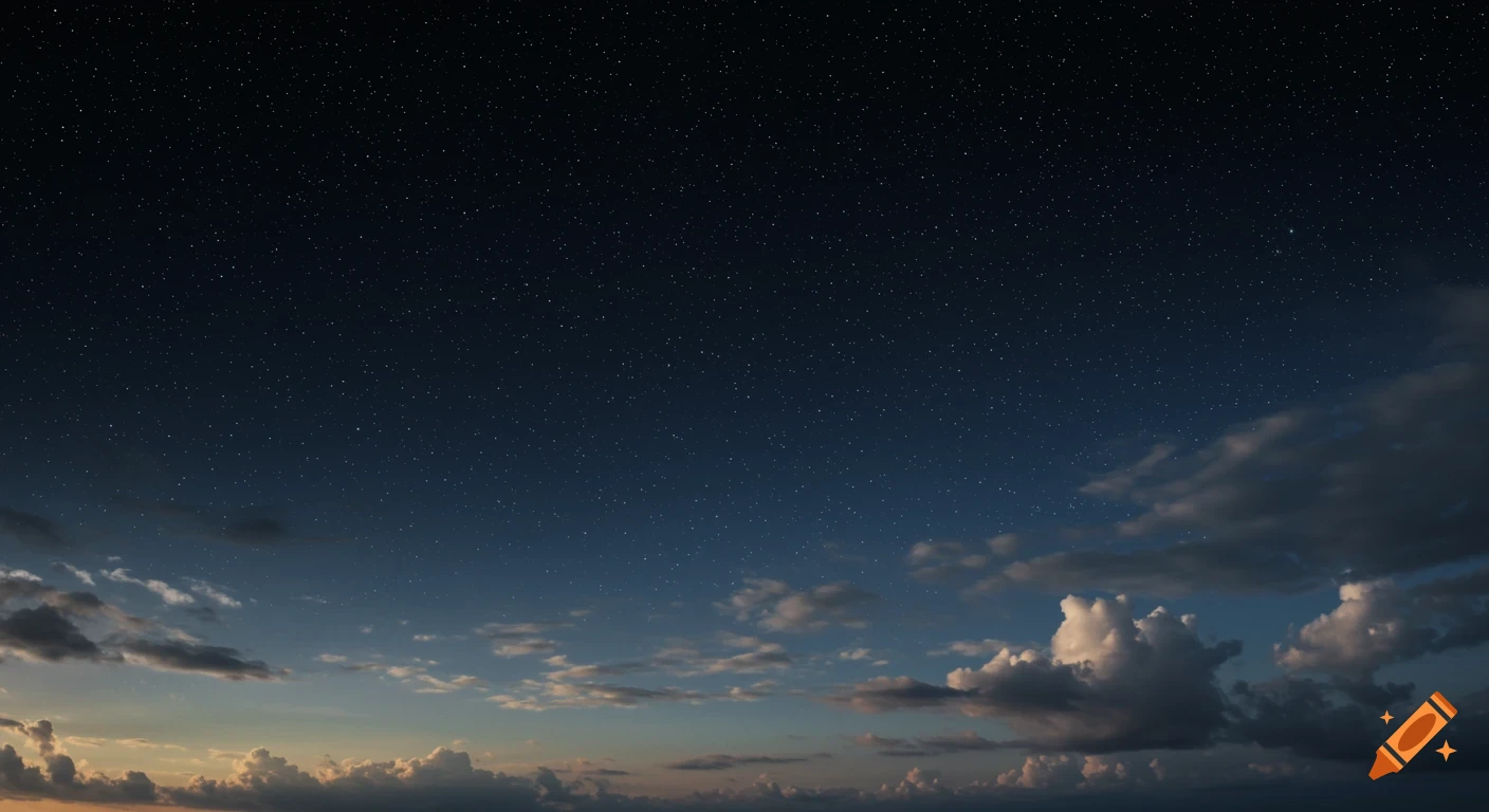 A dark night sky filled with stars transitions to a blue horizon with scattered clouds at twilight.