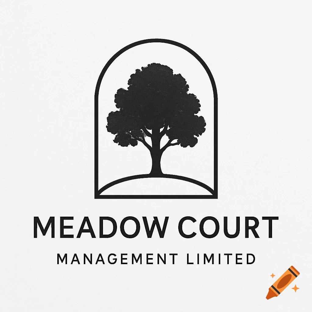 A monochrome logo featuring a silhouetted tree within an arched frame, with the text "MEADOW COURT MANAGEMENT LIMITED" below.