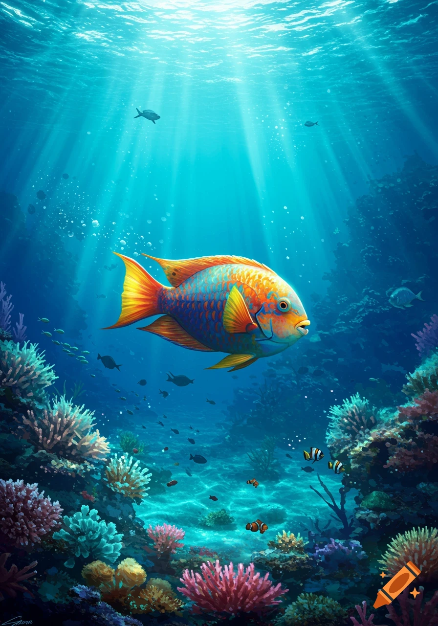 A vibrant, colorful fish swims through a bright blue ocean over a diverse coral reef with sunlight rays piercing the water.