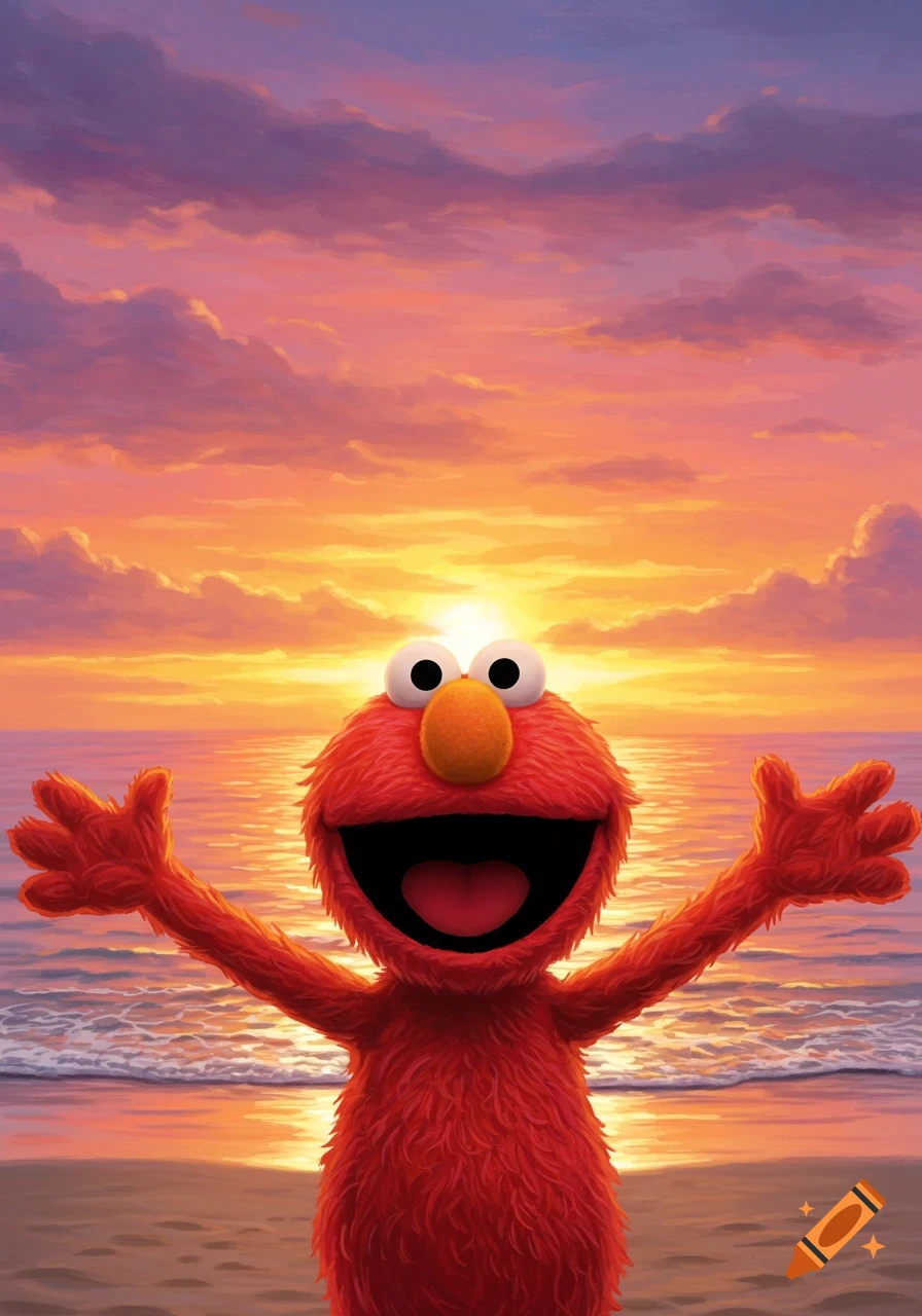 Elmo on a beach with arms open wide, standing in front of a vibrant orange and purple sunset over the ocean.