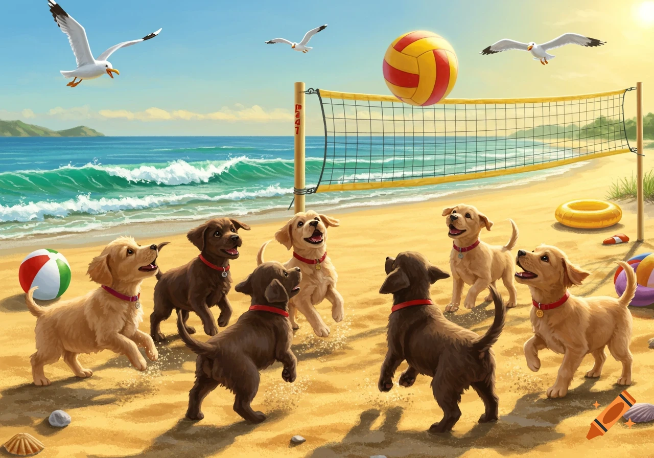 Cute puppies play volleyball on a sunny sandy beach with the ocean and seagulls in the background.