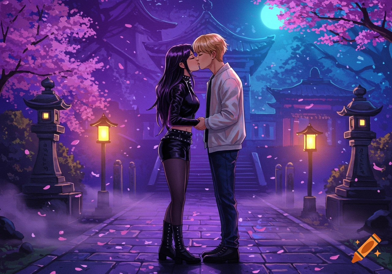 Anime couple kissing under pink cherry blossoms at night in a Japanese garden with lanterns and temples.
