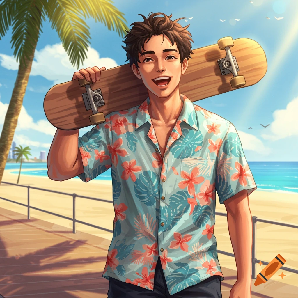 A smiling anime young man with a skateboard on his shoulder walks along a sunny beach boardwalk.