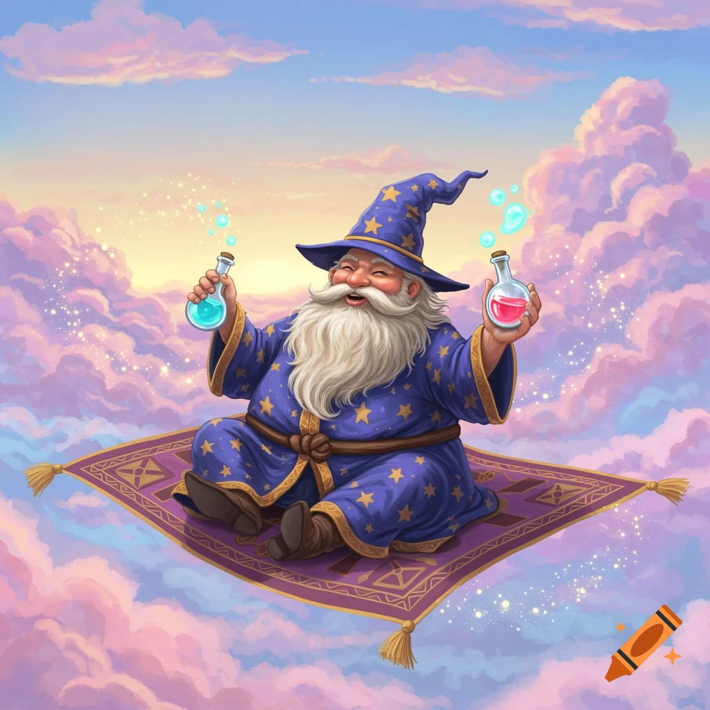 A happy wizard in a blue, star-studded robe sits on a magic carpet, holding glowing potions in a sky with pink clouds.