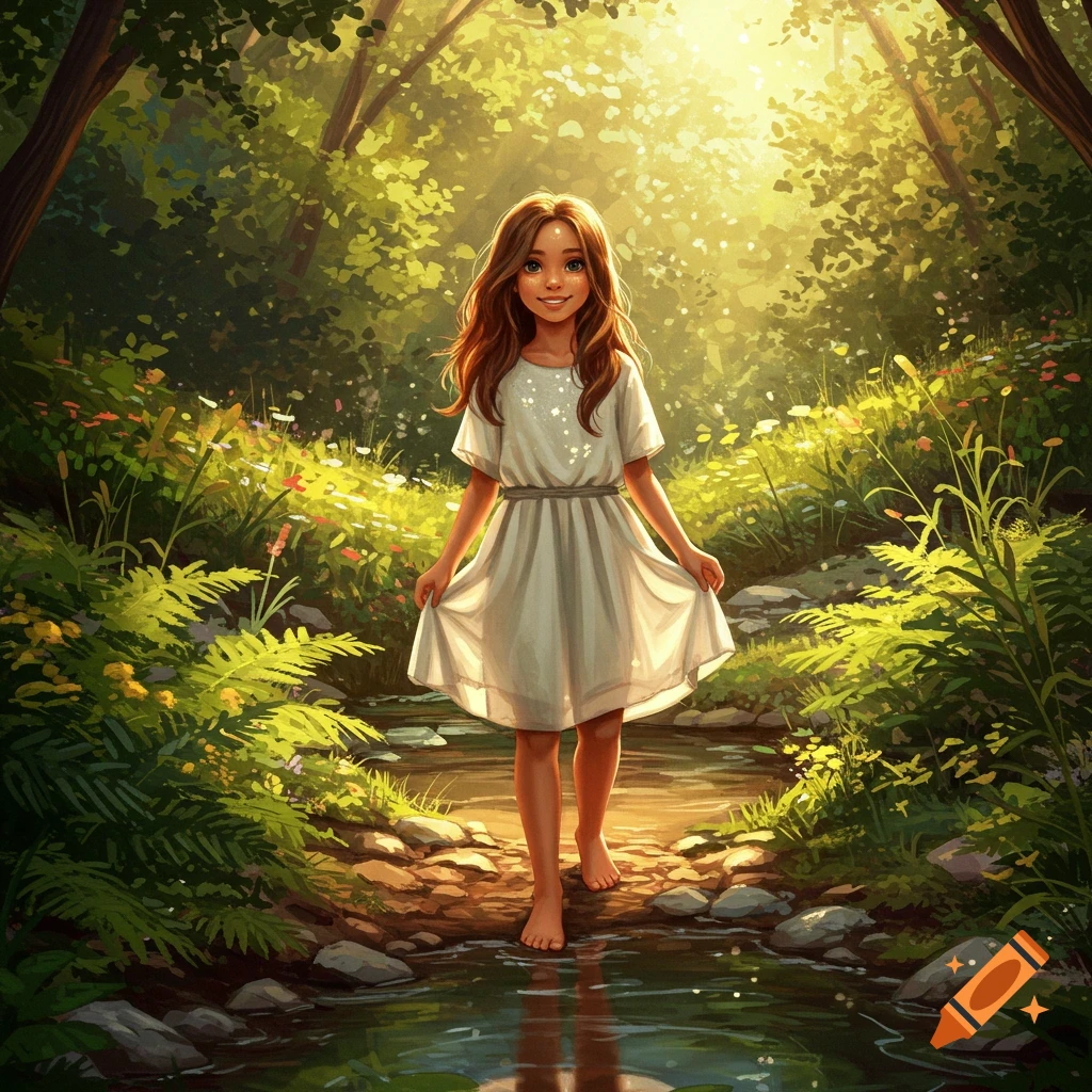 A smiling young girl with long brown hair in a white dress walks barefoot through a shallow stream in a sunlit, vibrant forest, illustration style.
