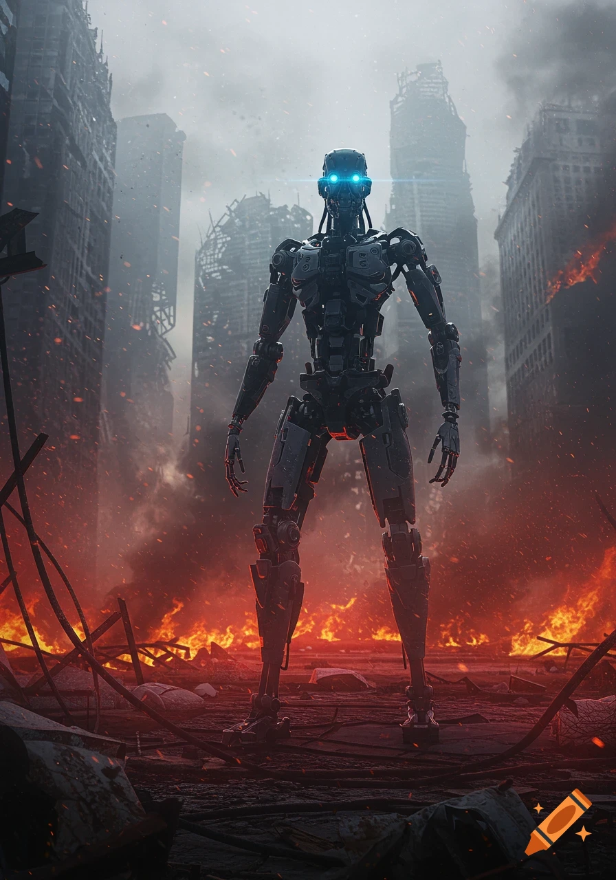 A menacing dark robot with glowing blue eyes stands in the center of a burning, ruined city under a cloudy sky.