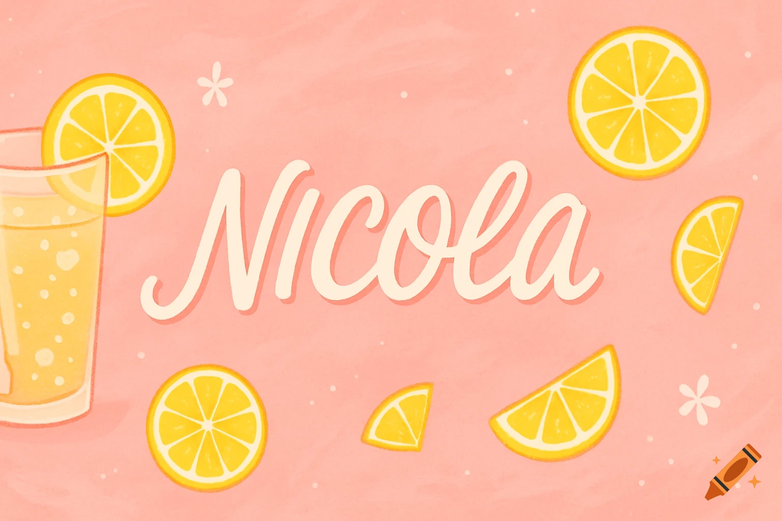 A cute pastel pink banner with the name "Nicola" in cursive, featuring a glass of lemonade and lemon slices.