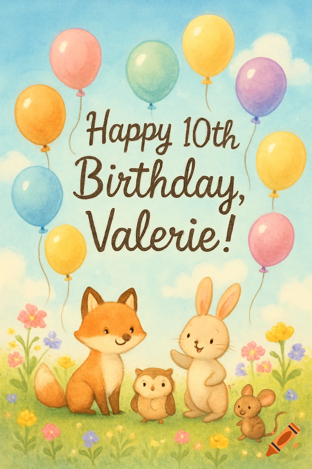 Cute watercolor birthday card with fox, rabbit, owl, mouse, flowers, and balloons. Text reads Happy 10th Birthday, Valerie!