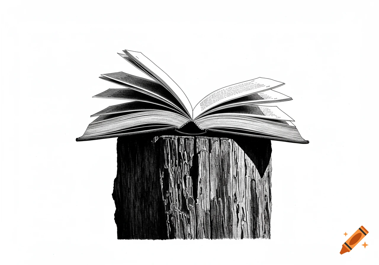 A black and white illustration of an open book resting on a wooden log.