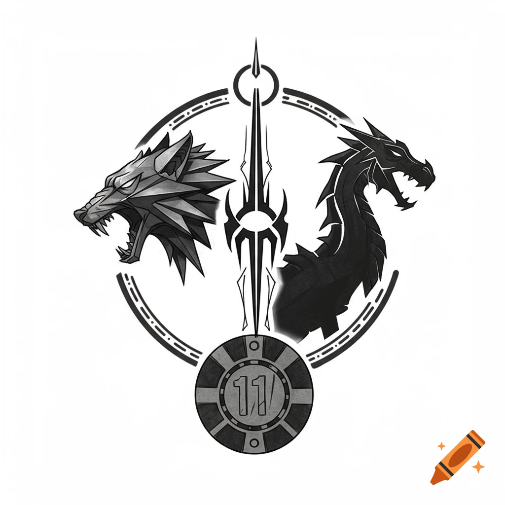 Monochrome logo with a wolf head, dragon head, a central sword-like design, and a chip with '11/' inside a circular frame.