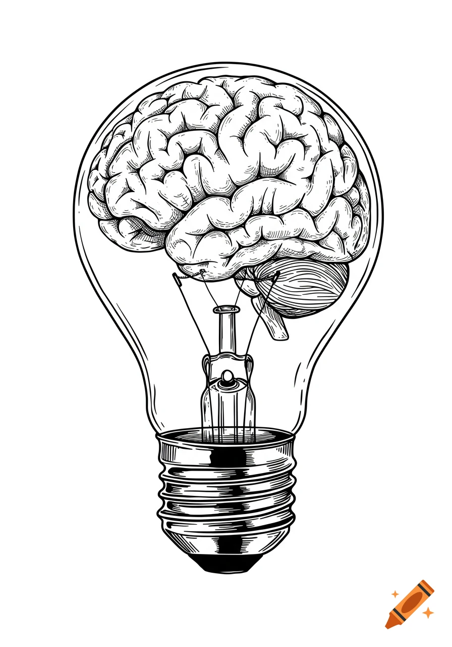 Line drawing of a human brain inside a clear lightbulb.