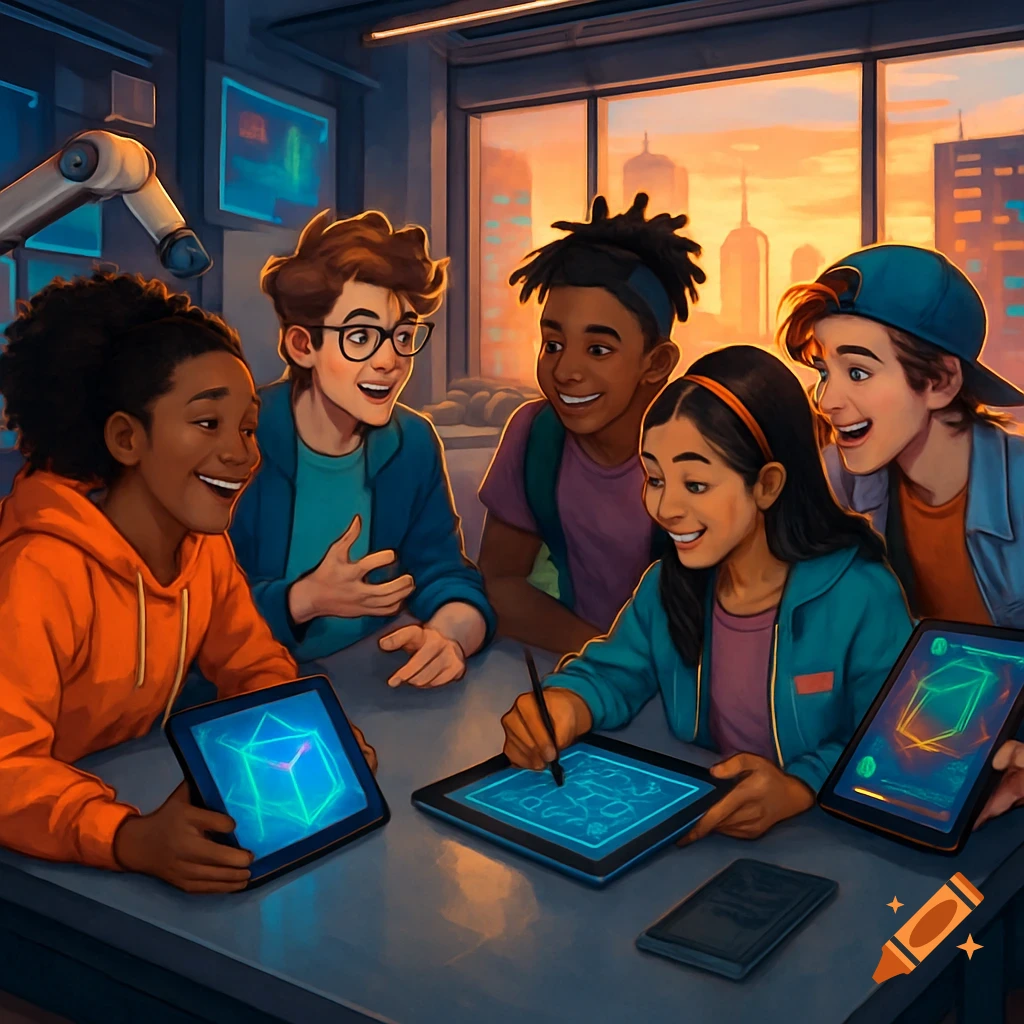 Diverse group of happy children in a futuristic lab, looking at and interacting with glowing tablets, with a city sunset in the background.