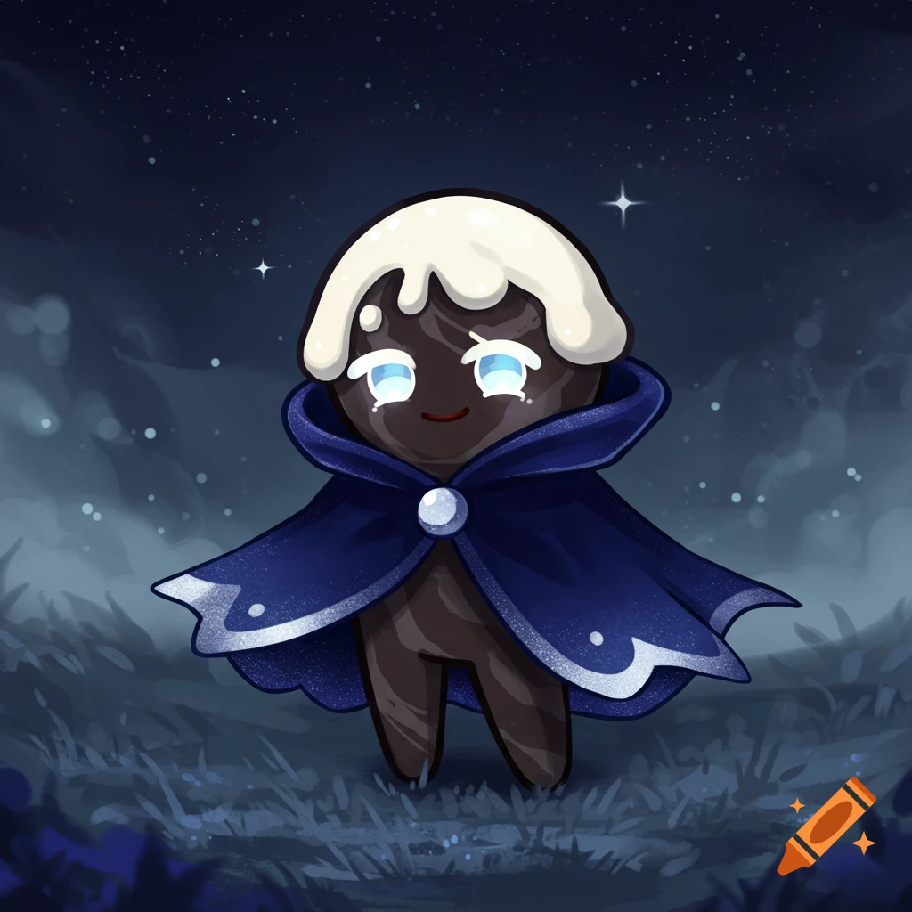 A whimsical, dark brown cookie character with white icing and glowing blue eyes stands in a grassy field under a starry night sky.