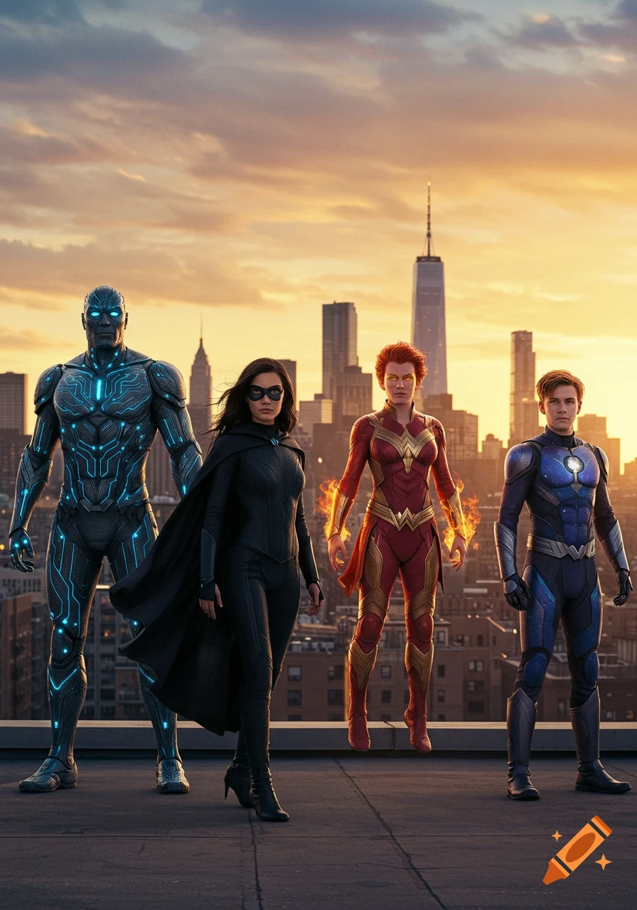 Four diverse superheroes stand on a city rooftop at sunset, in photorealistic style.