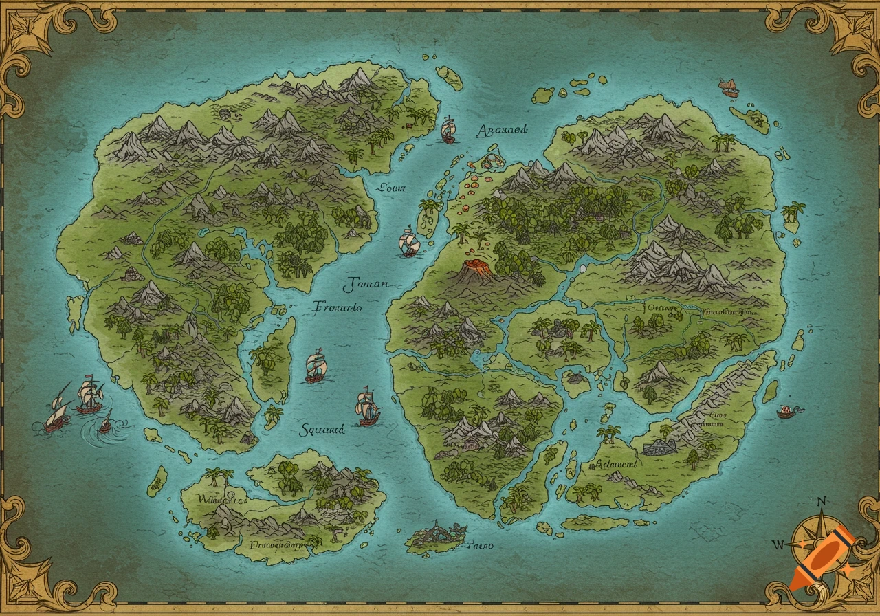 An intricate, hand-drawn fantasy world map featuring two continents, numerous islands, ships, mountains, forests, and a volcano, rendered in a vintage style.