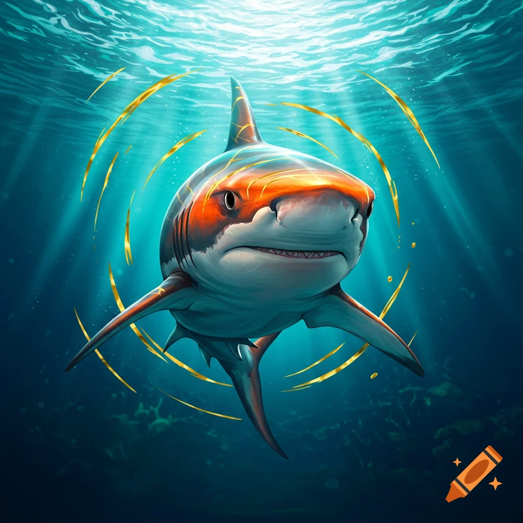 A stylized great white shark with orange, teal, and gold markings swims directly at the viewer in a sunlit ocean.