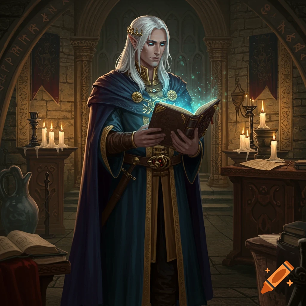 A male elf with long white hair and a blue cloak reads a glowing book in a stone hall lined with candles and old texts.
