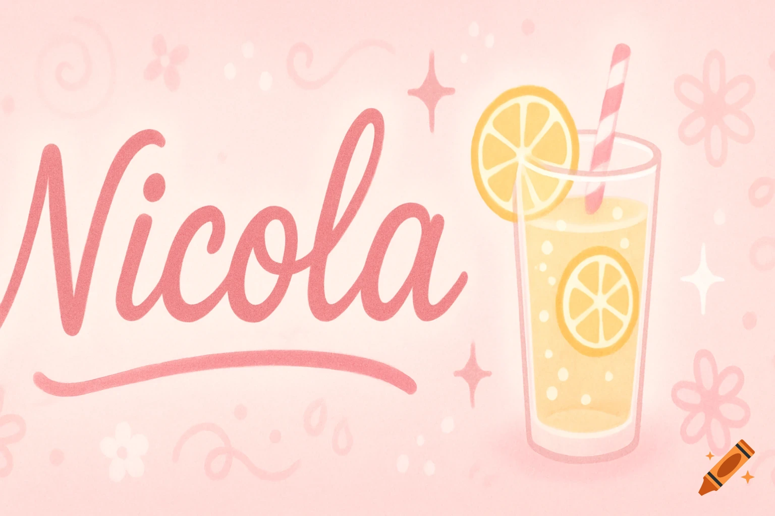 A cute pastel pink banner with 'Nicola' in cursive next to a lemonade glass with lemon slices.