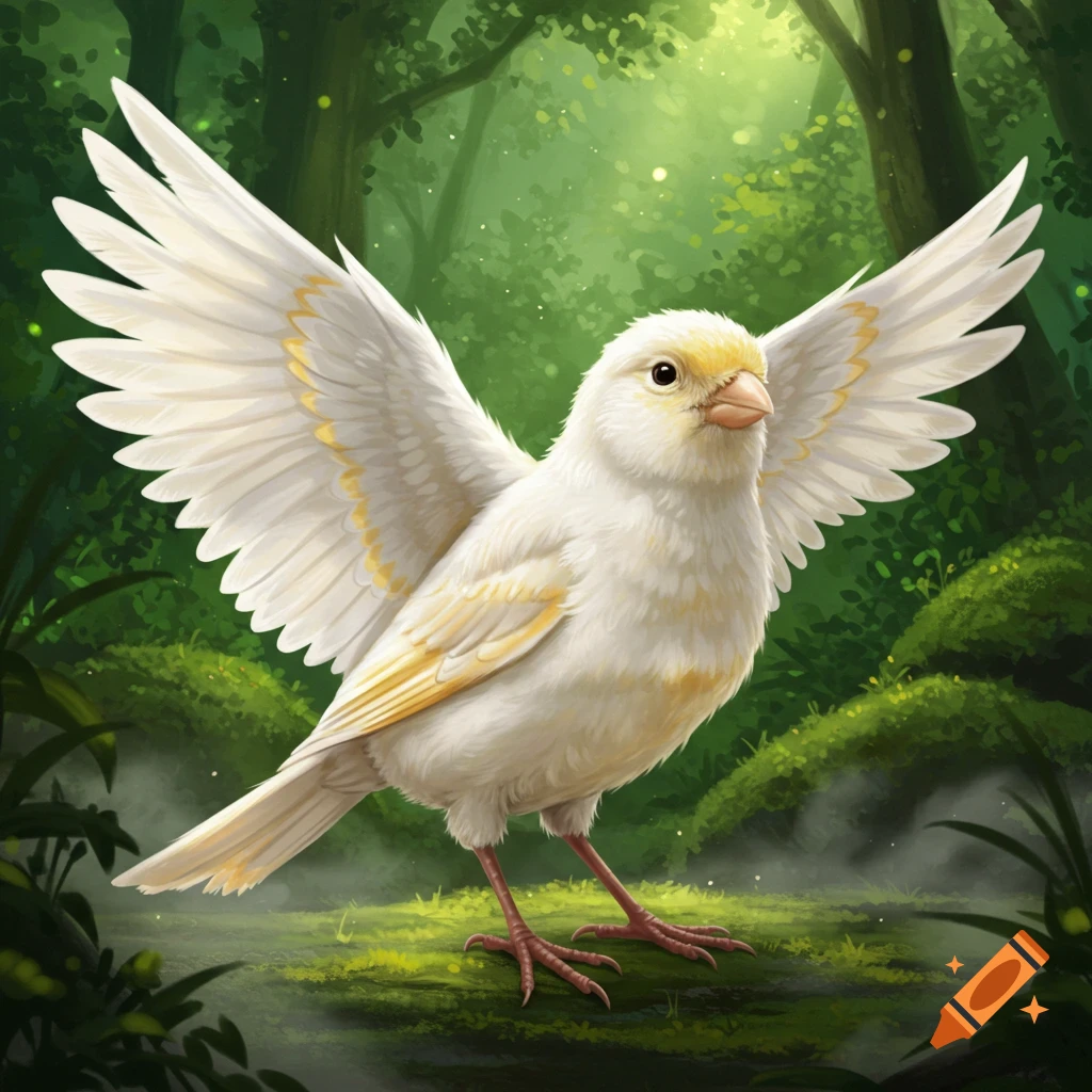 A white and yellow canary with wings spread, standing on mossy ground in a vibrant green forest with glowing particles.