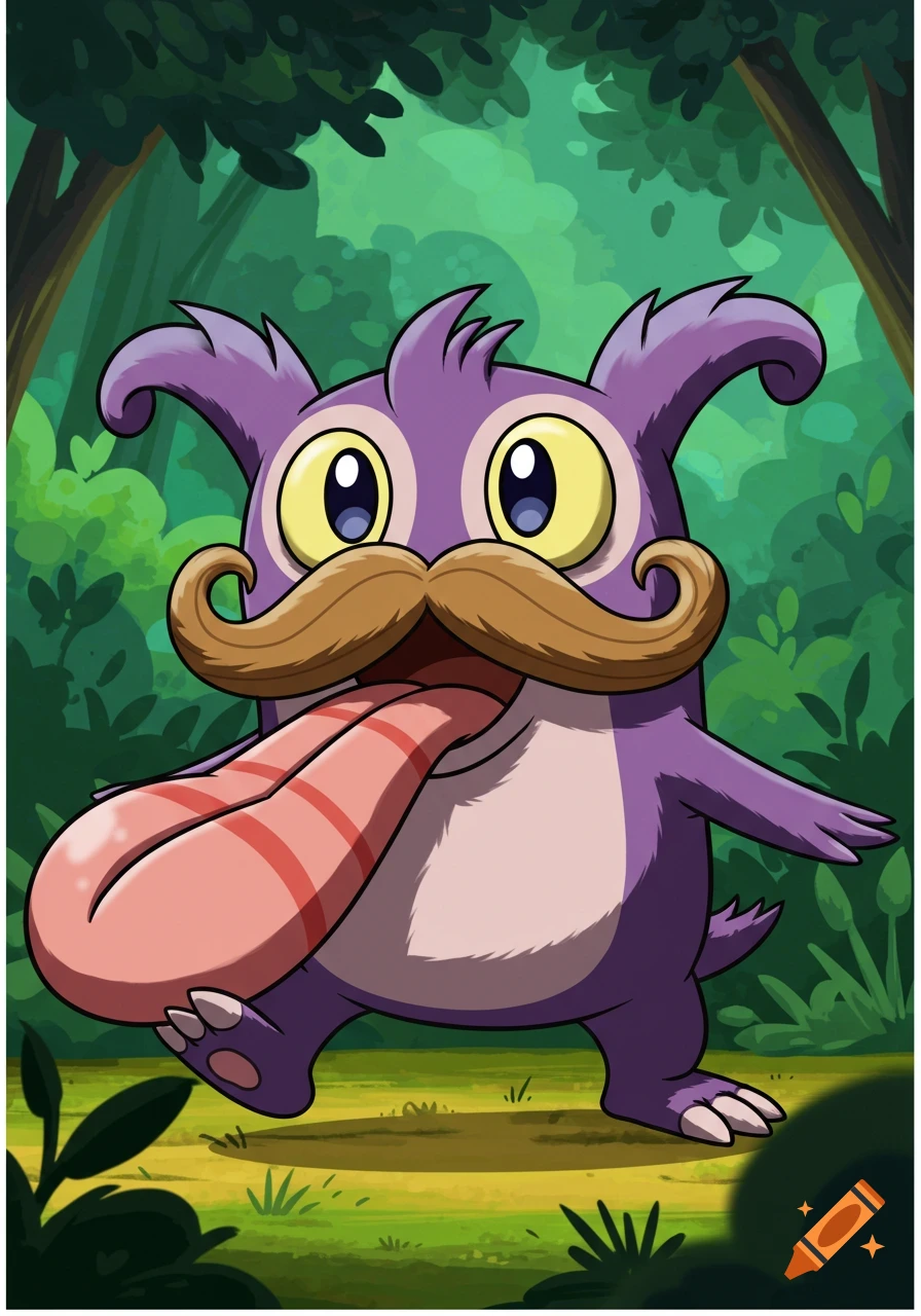 A purple cartoon monster with a large brown mustache and a long, pink, striped tongue sticking out, standing in a green forest.