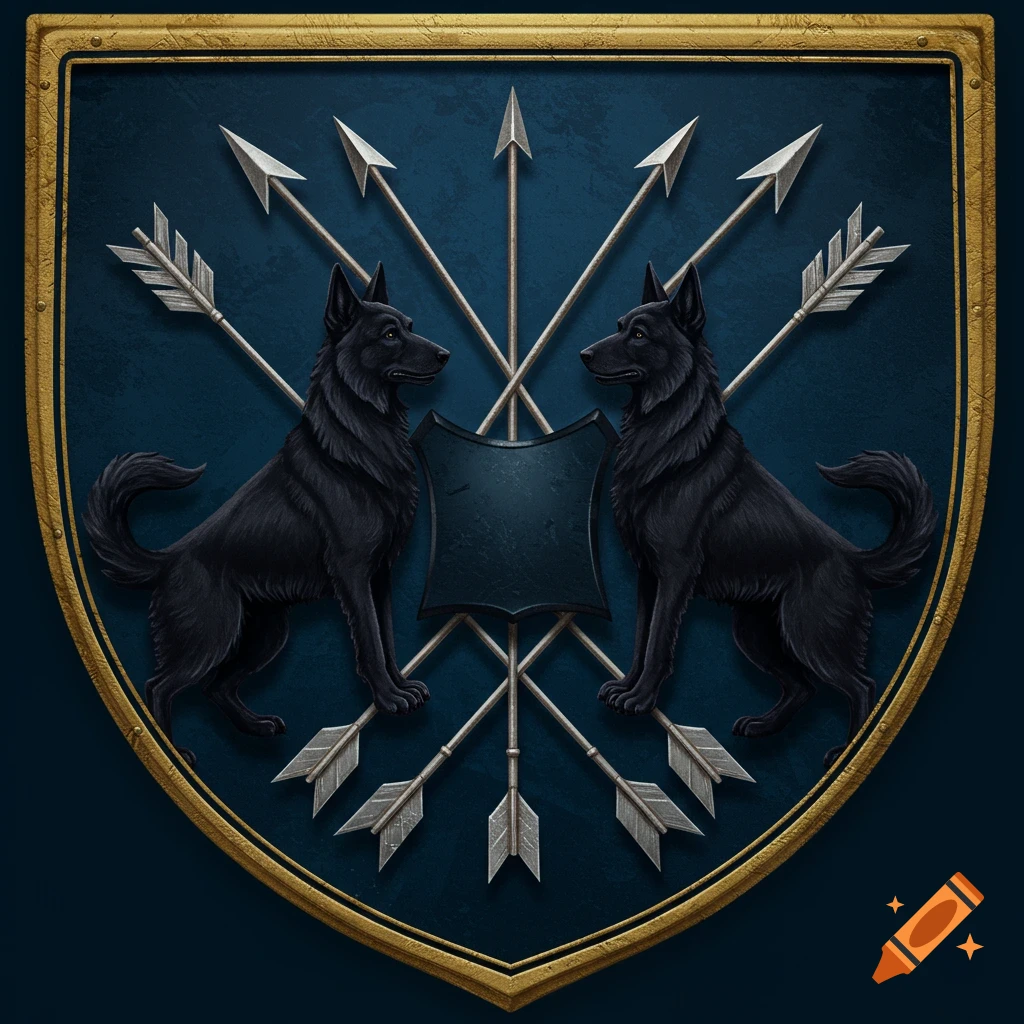 A shield crest with two black German shepherds, crossed arrows, and a small central shield on a blue background, framed in gold.
